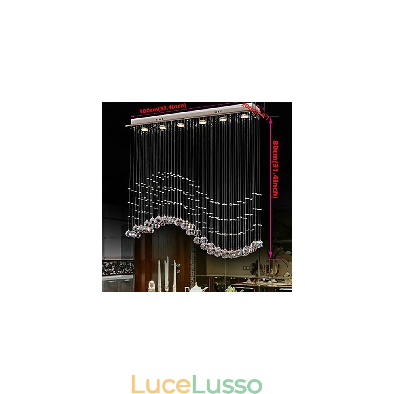 Lampada a sospensione 6 luci moderna argento baldacchino cristallo trasparente onde apparecchi di illuminazione da soffitto