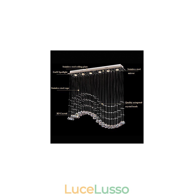 Lampada a sospensione 6 luci moderna argento baldacchino cristallo trasparente onde apparecchi di illuminazione da soffitto