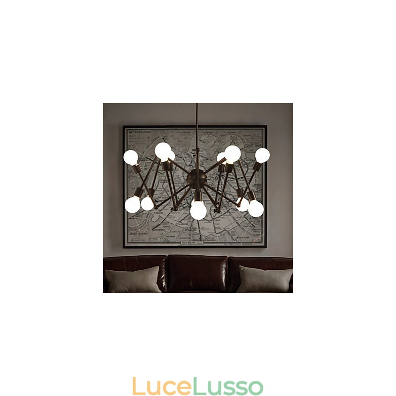 Lampadario ragno in ferro nero stile loft americano con 12 teste