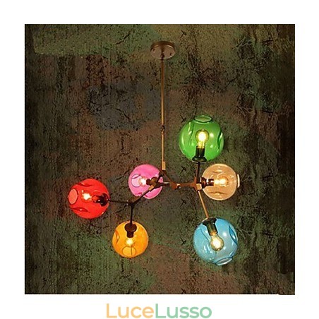 Lampadario a sospensione con lampadina in vetro colorato Art 6 luci Lampadario a sospensione con lampadina in vetro colorato Art 6 luci