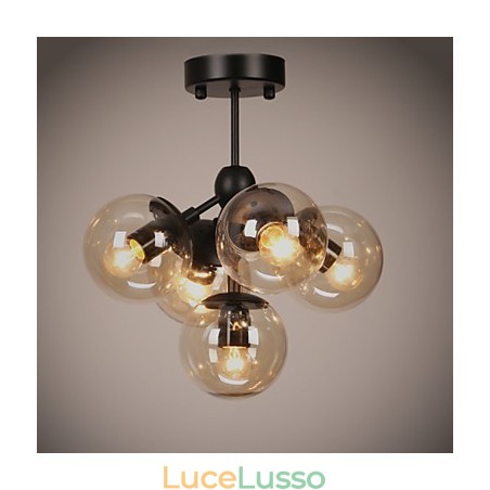 Lampadario 5 luci sfera di vetro luci retrò esterno garage metallo Lampadario 5 luci sfera di vetro luci retrò esterno garage metallo