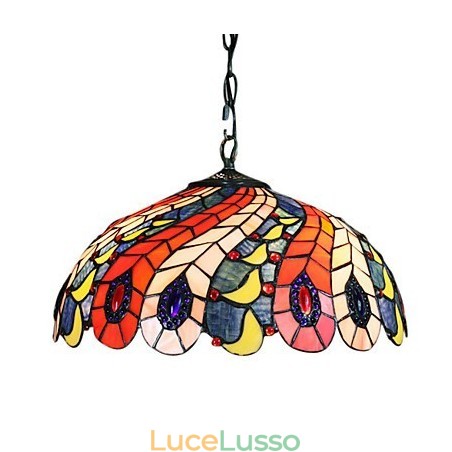 Lampada a sospensione con 2 luci in paralume con motivo a piume di pavone Lampada a sospensione con 2 luci in paralume con motivo a piume di pavone