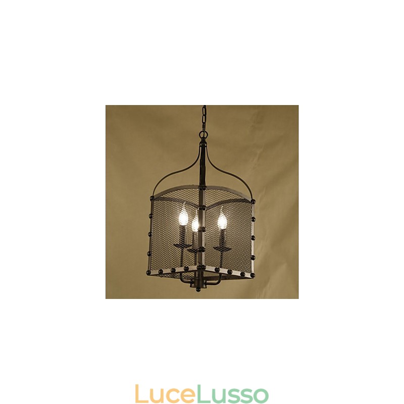 Lampadario in ferro battuto retrò industriale con copertura a rete