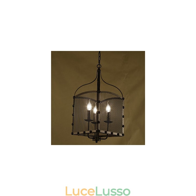 Lampadario in ferro battuto retrò industriale con copertura a rete