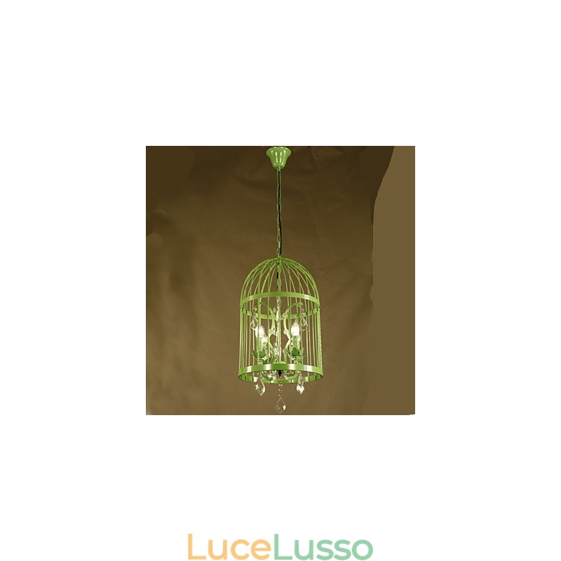 Lampadario vintage in cristallo con gabbia in ferro per scale