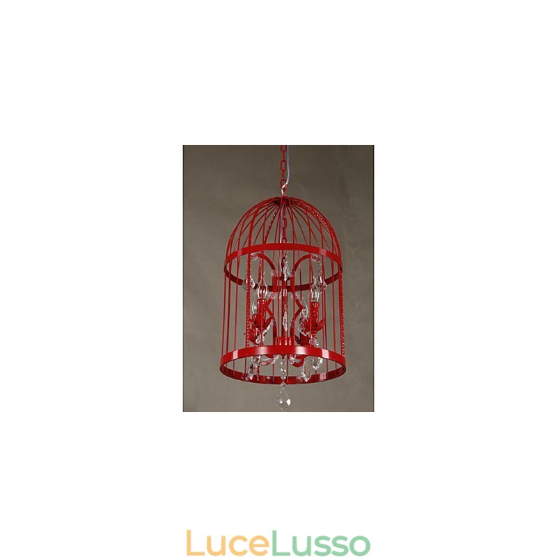 Lampadario vintage in cristallo con gabbia in ferro per scale