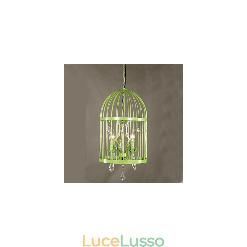Lampadario vintage in cristallo con gabbia in ferro per scale