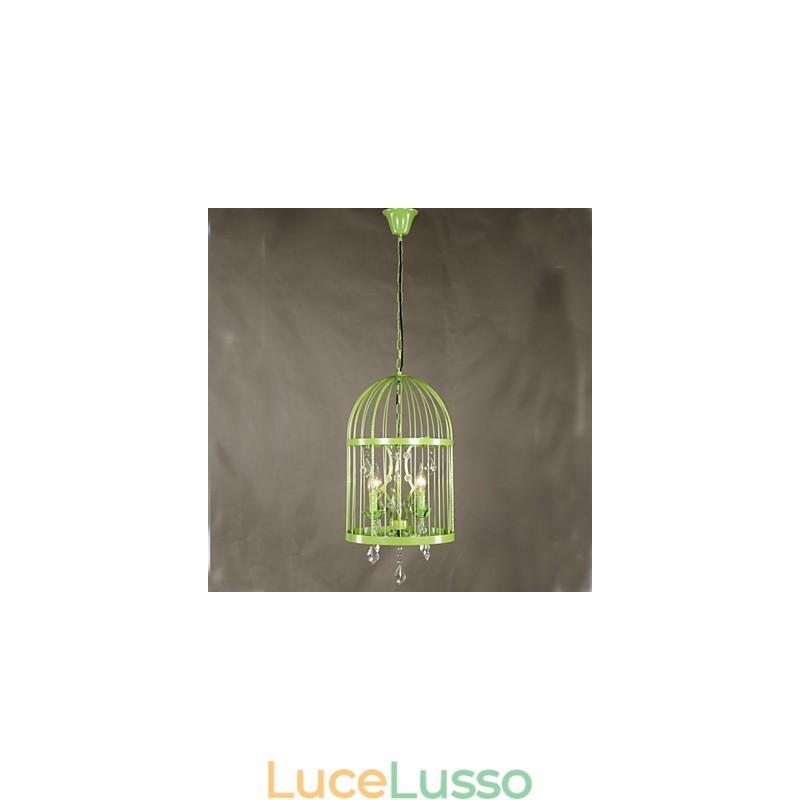 Lampadario vintage in cristallo con gabbia in ferro per scale