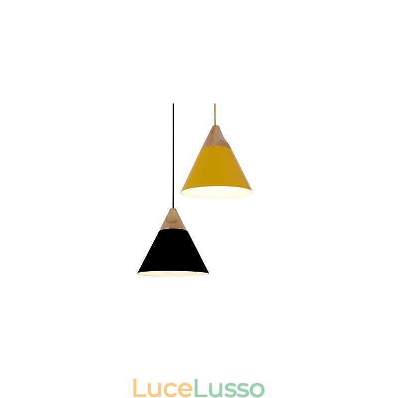 Mini lampada a sospensione artistica a cono 1 luce Modern Simplicity Finish Nero Bianco Giallo Alluminio e luce a goccia in legno
