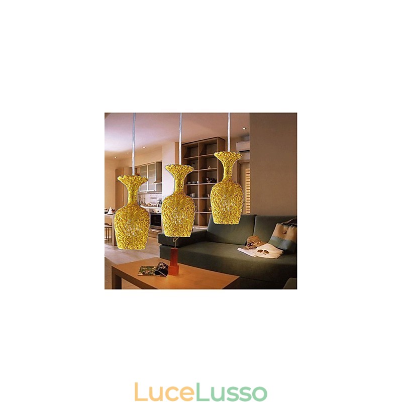 Lampadario in alluminio intrecciato con tre teste a forma di mela